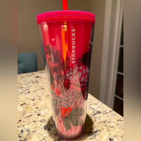 Starbucks Christmas 2021 Holiday Tumbler Poinsettia Magenta Pink Pinecone - Picture 1 of 3